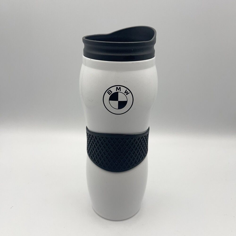 BMW Travel Tumbler Mug 16oz White Black Rubber Grip Stainless Steel
